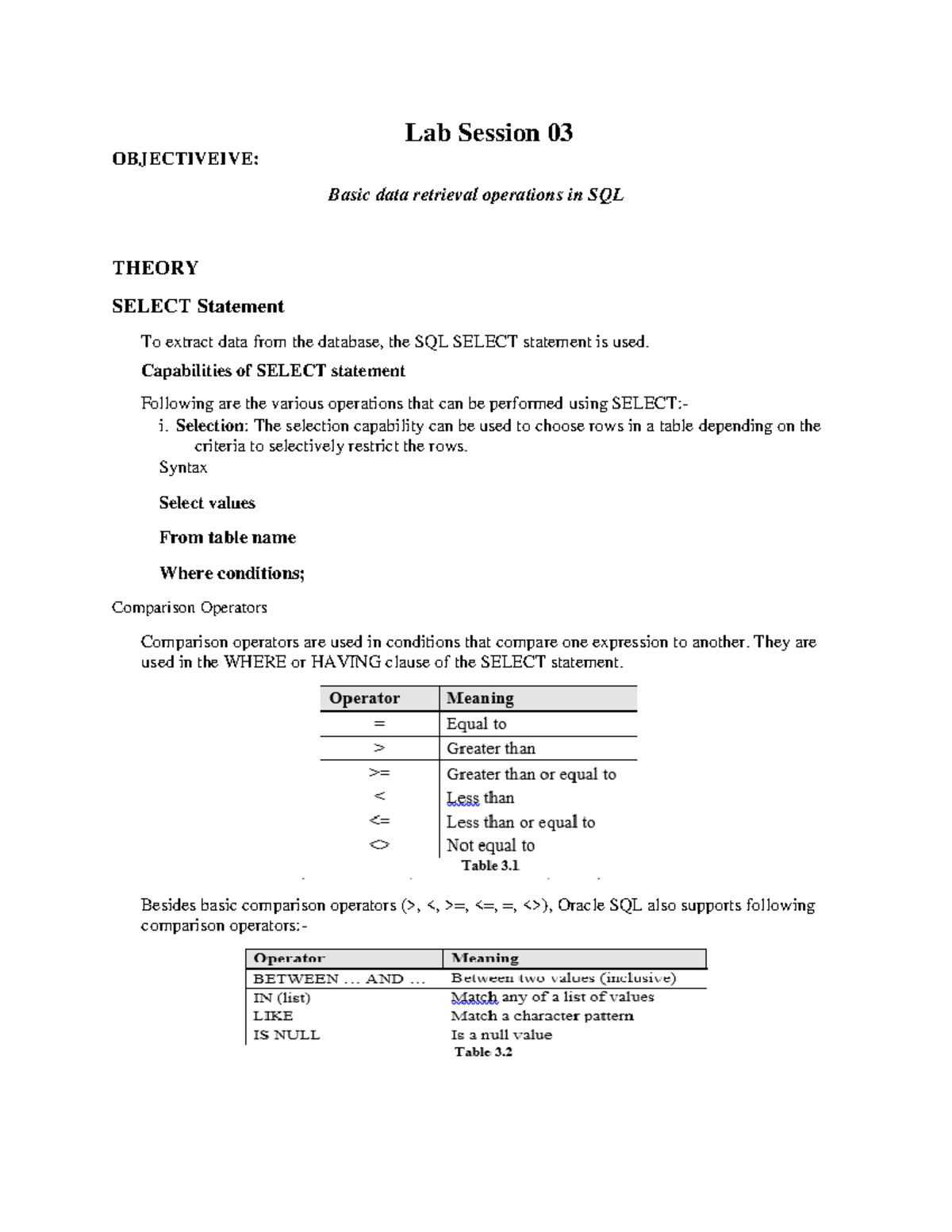 LAB 3 - Lab - Lab Session 03 OBJECTIVEIVE: Basic data retrieval ...