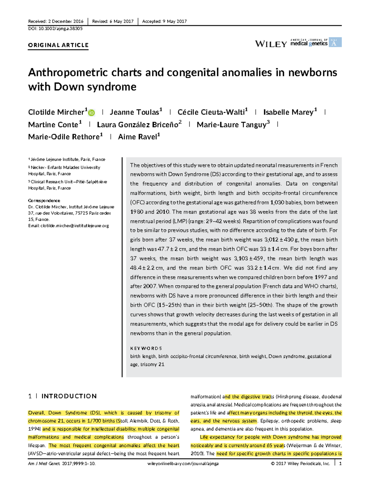Anthropometric charts and congenital anomalies Clotilde Mircher 2016 ...