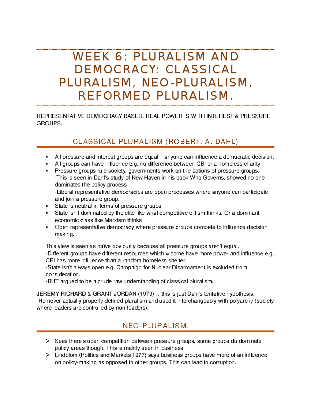 WEEK 6 - Pluralism - WEEK 6: PLURALISM AND DEMOCRACY: CLASSICAL ...