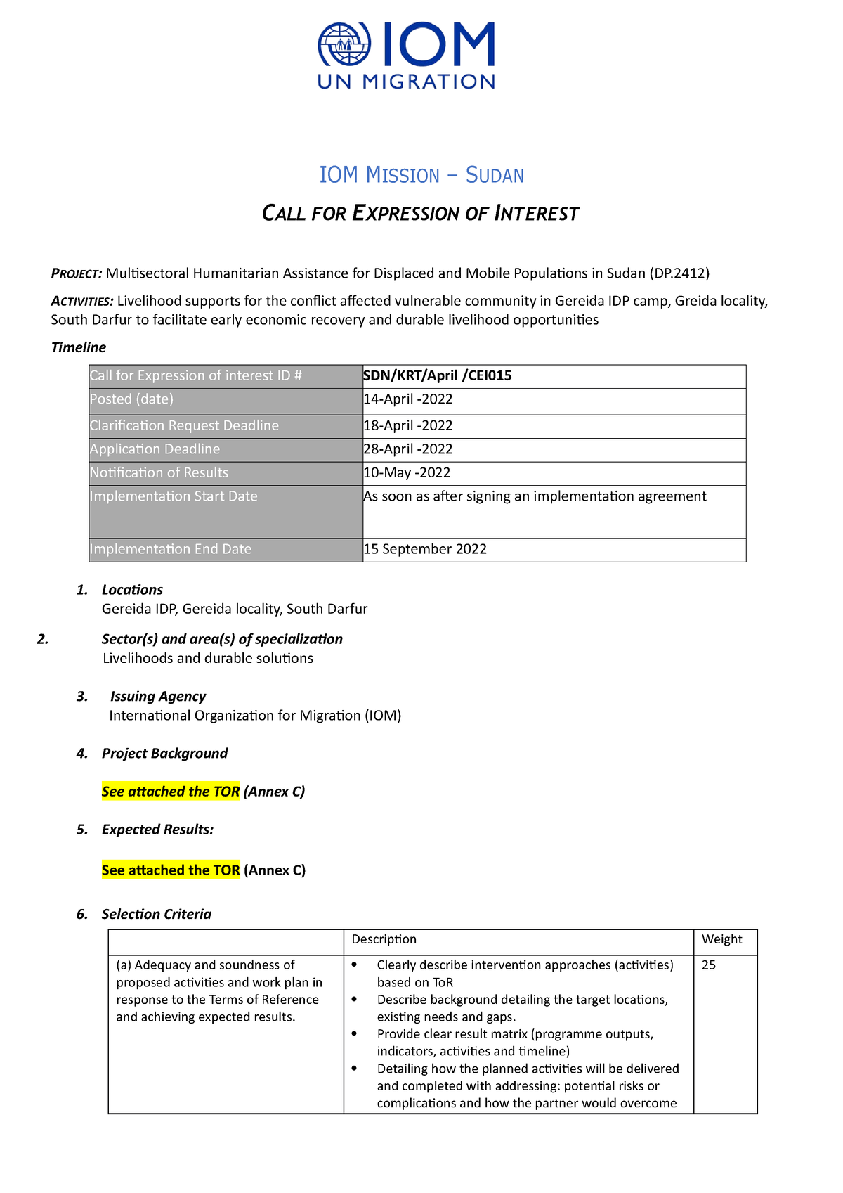 Somalia callforexpressionofinterestcei015 IOM MISSION SUDAN