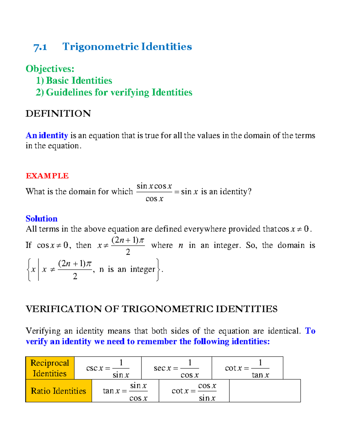 7 - Lecture Notes 7.1 - 7 Trigonometric Identities Objectives: 1) Basic ...