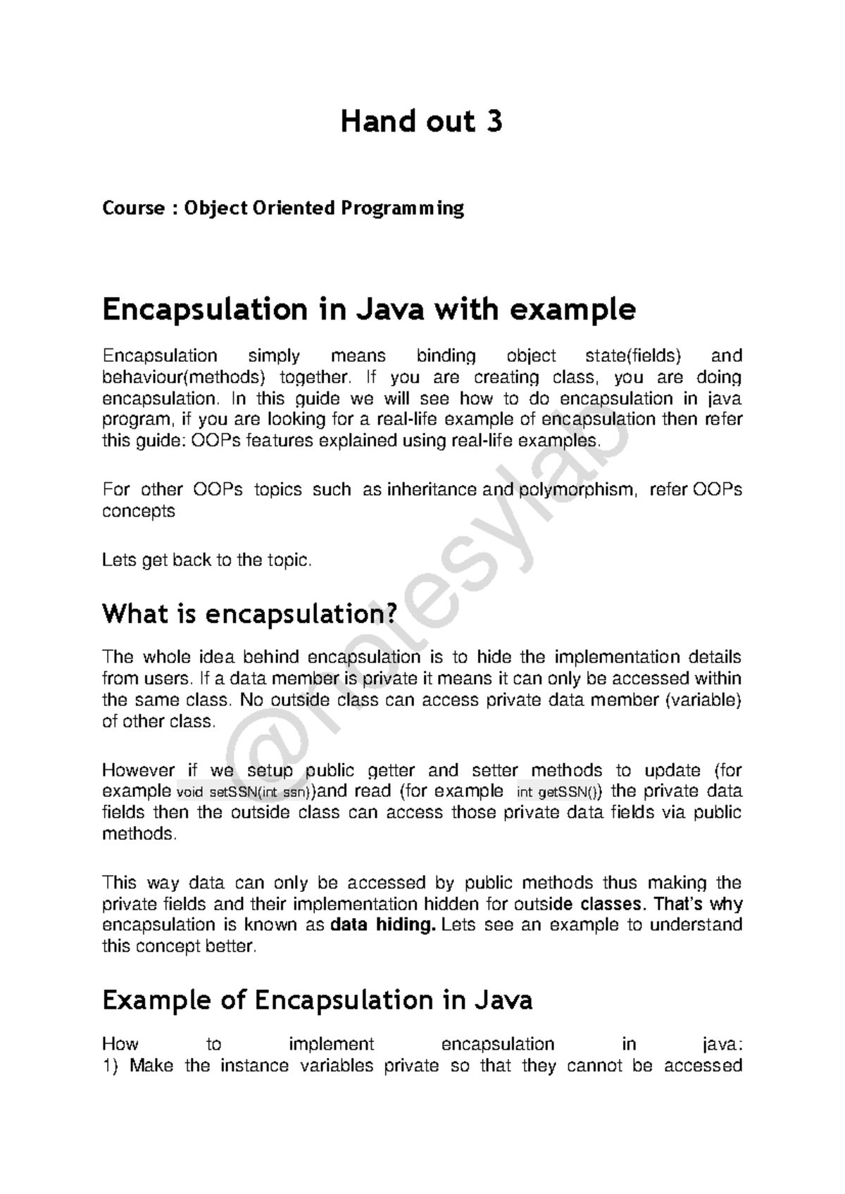 Obj 3-Encapsulation - lecture Notes - Hand out 3 Course : Object ...