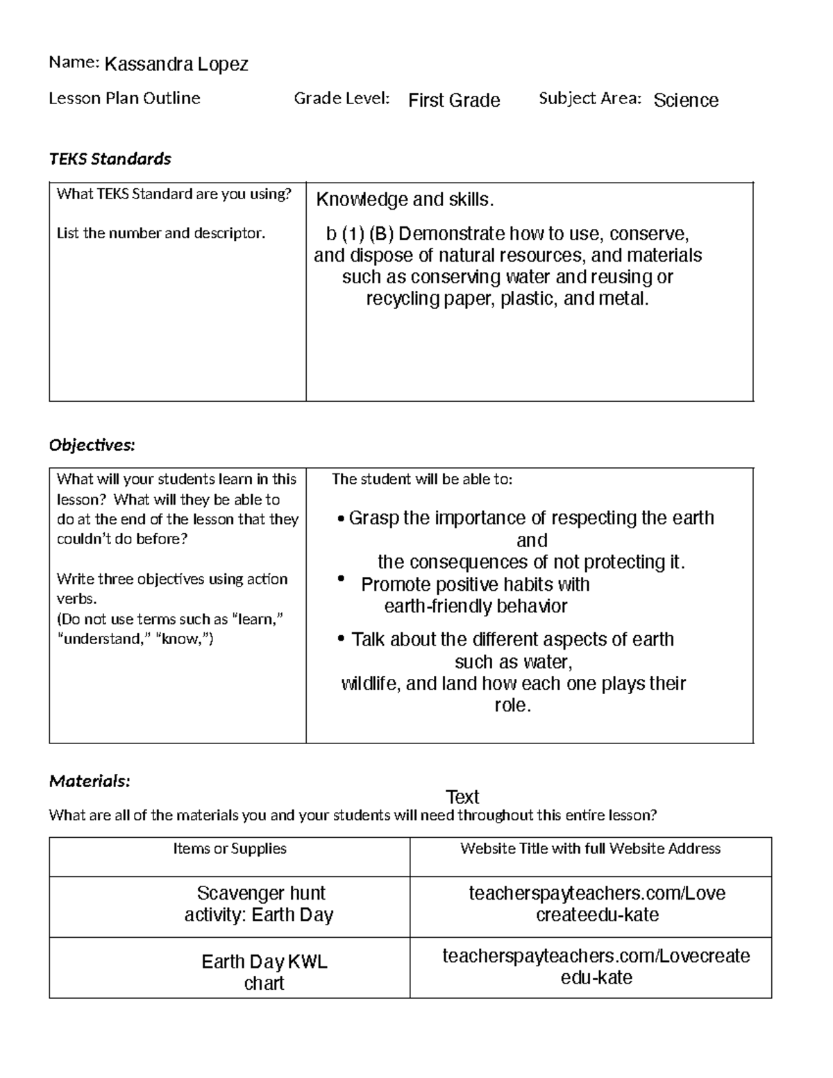 Lesson plan practice example - Name: Lesson Plan Outline Grade Level ...
