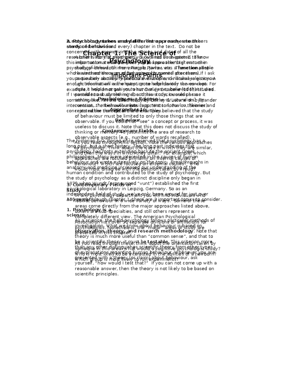 Psych Chap 1 Notes - Chapter 1: The Science of Psychology Important ...
