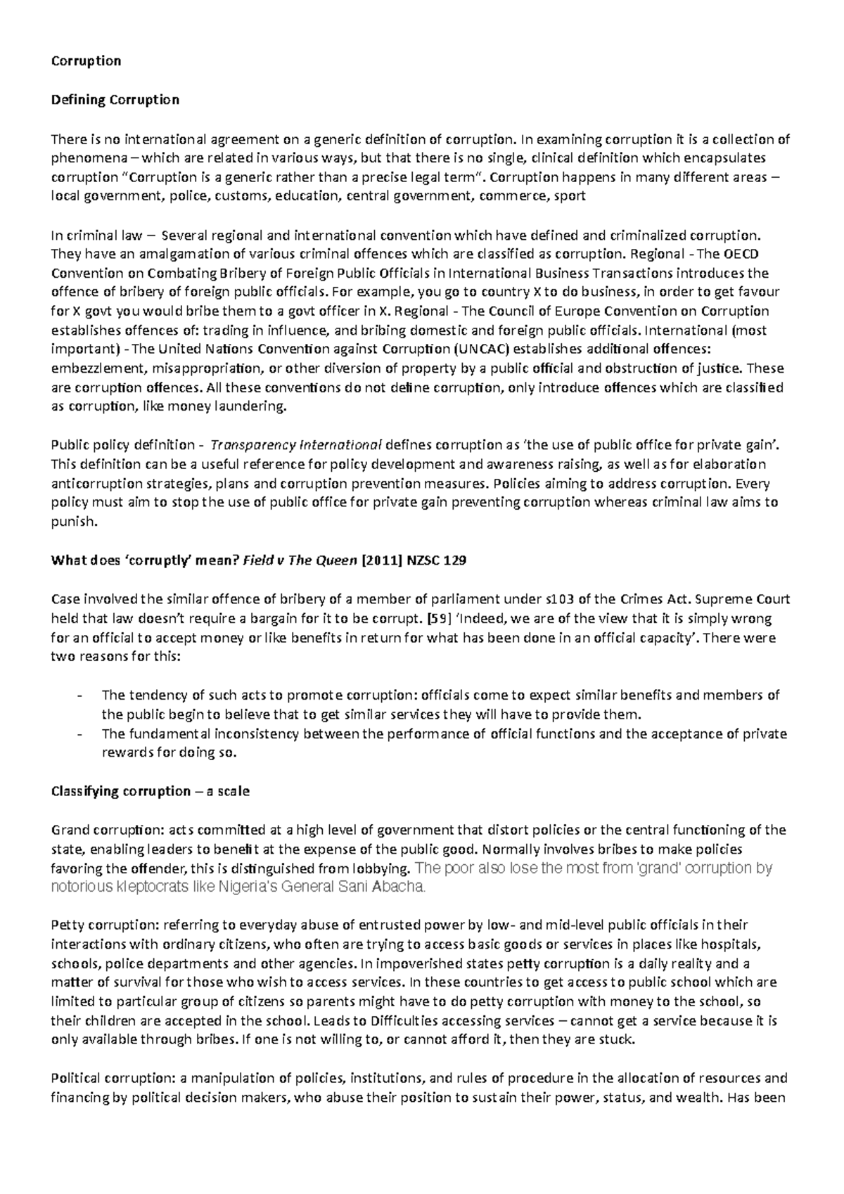 SFC Notes - note s - Corruption Defining Corruption There is no ...