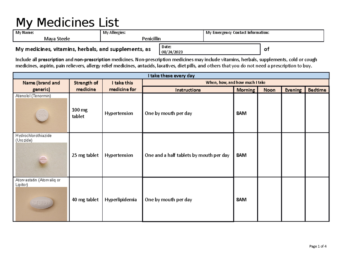 Population Health - Module 7 Pill Card - My Medicines List My Name: My ...