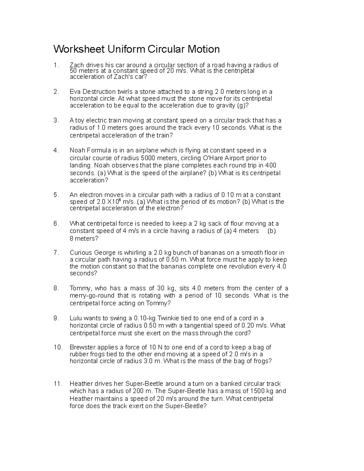 Worksheet Circular Motion - Worksheet Uniform Circular Motion Zach ...