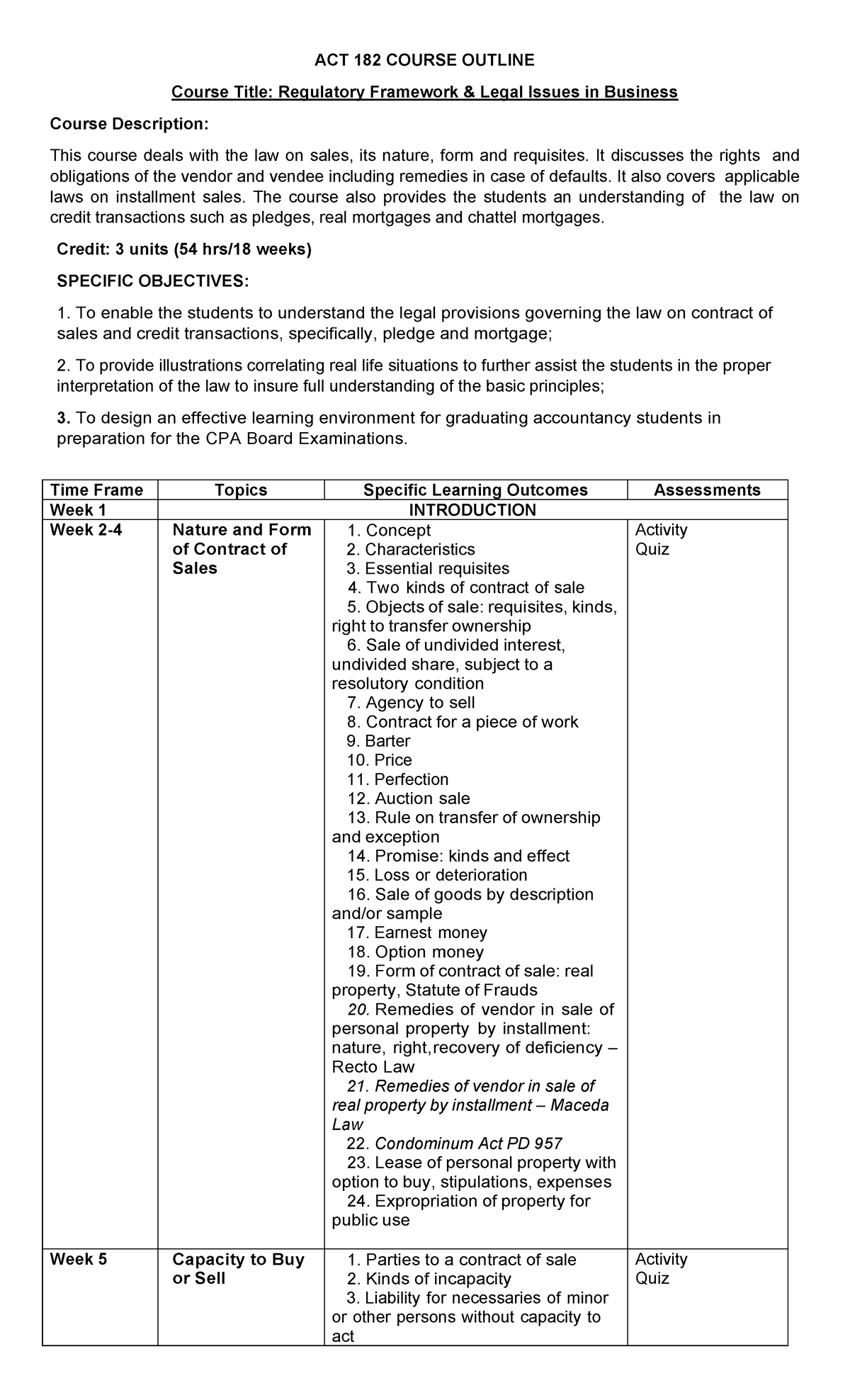 ACT 182 Course Outline Law ACT 182 COURSE OUTLINE Course Title 