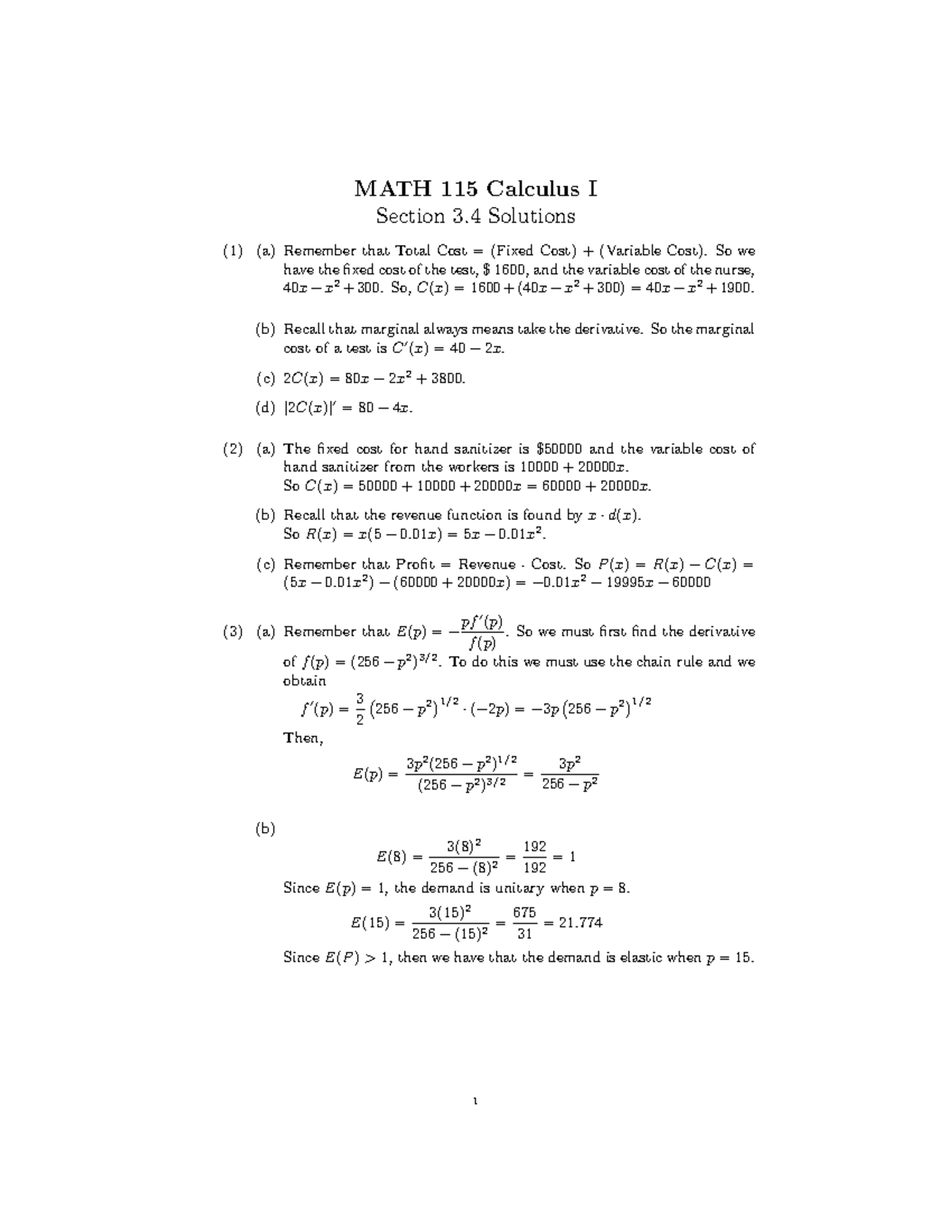 Seciton 3.4 Solutions - MATH 115 Calculus I Section 3 Solutions (1) (a ...