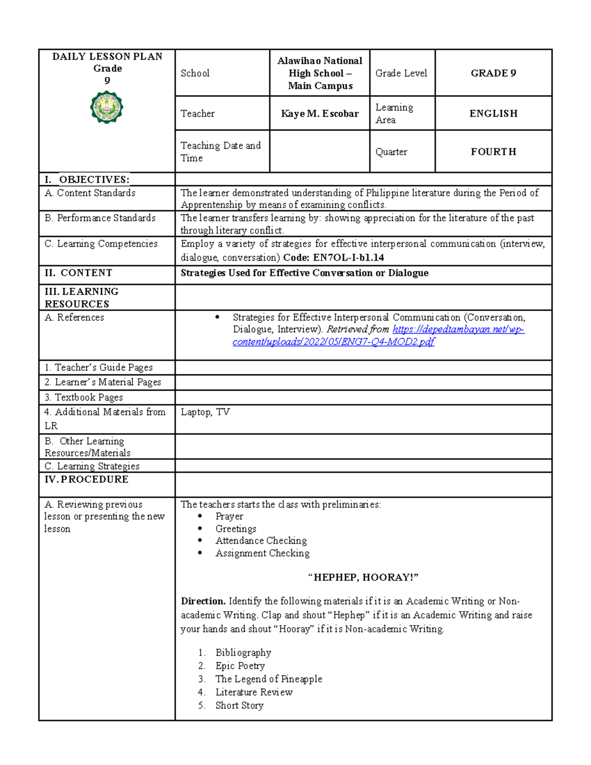 5th dlp - eng 9 - DLP - DAILY LESSON PLAN Grade 9 School Alawihao ...