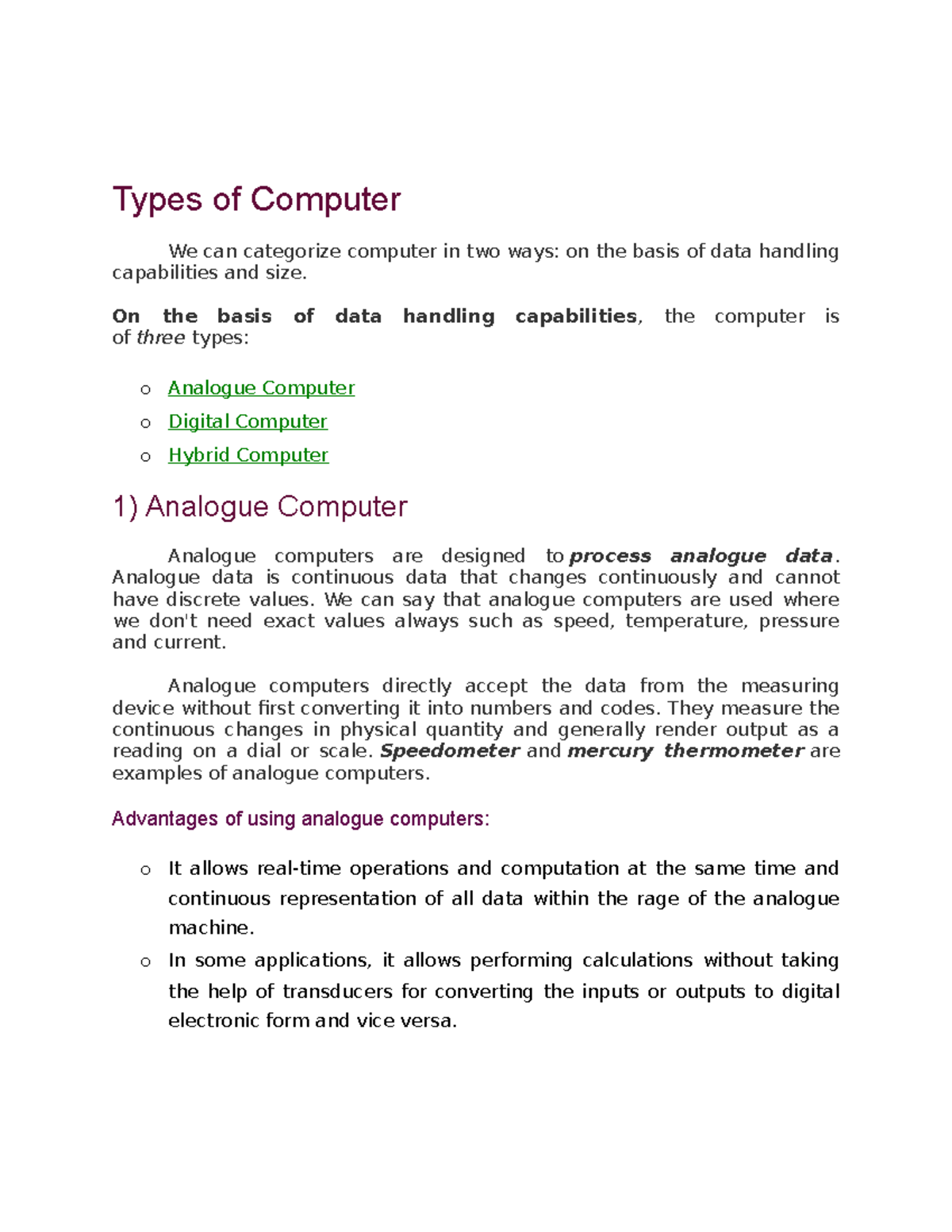 Types of computers - its lecture notes - Types of Computer We can ...