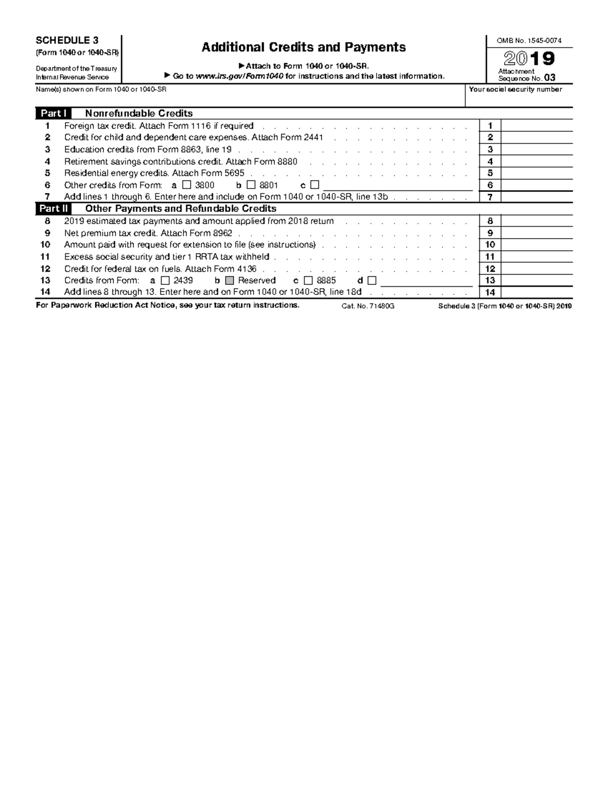 F1040s32019 tax document SCHEDULE 3 (Form 1040 or 1040SR