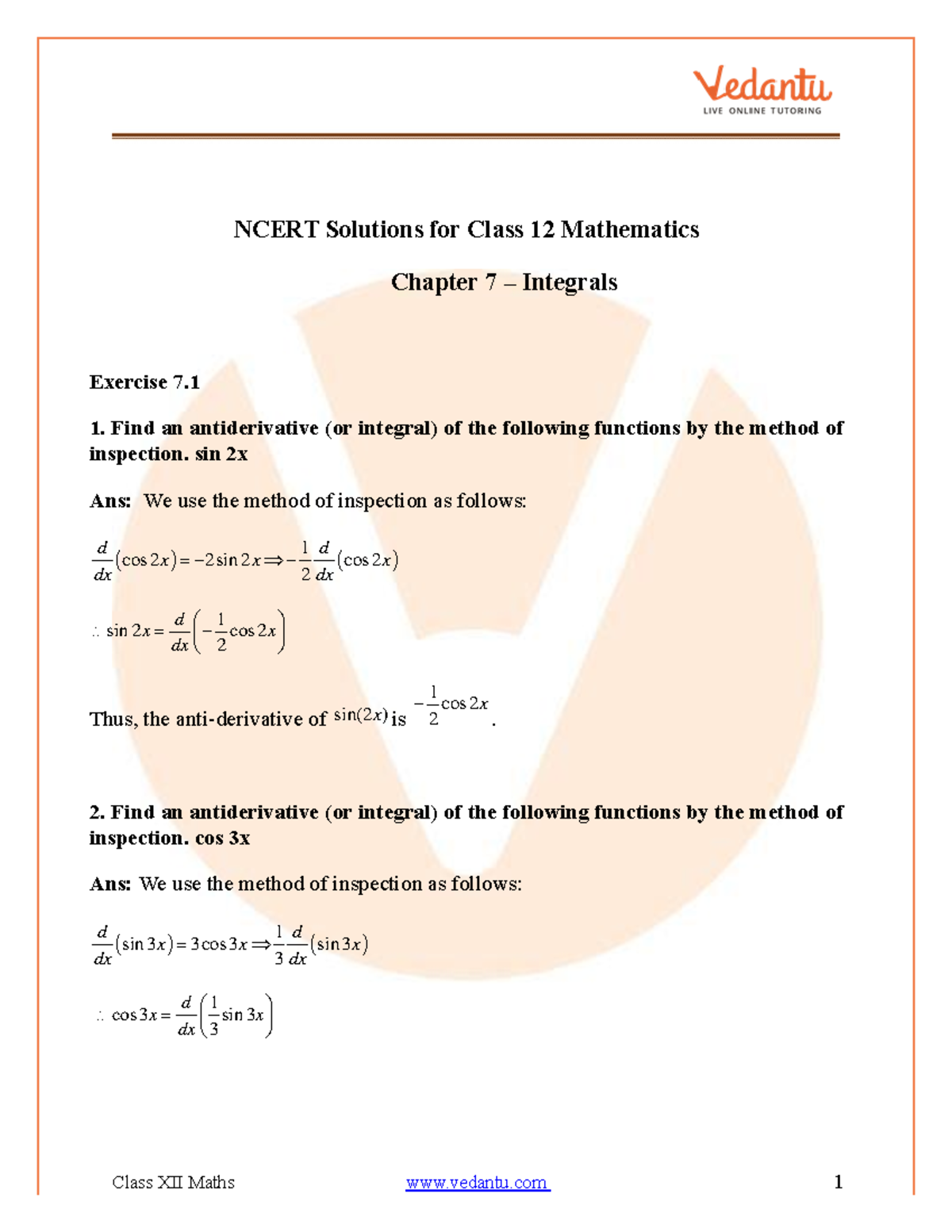Ncert Solutions for Class 12 Maths Chapter 7 Integrals FREE PDF ...