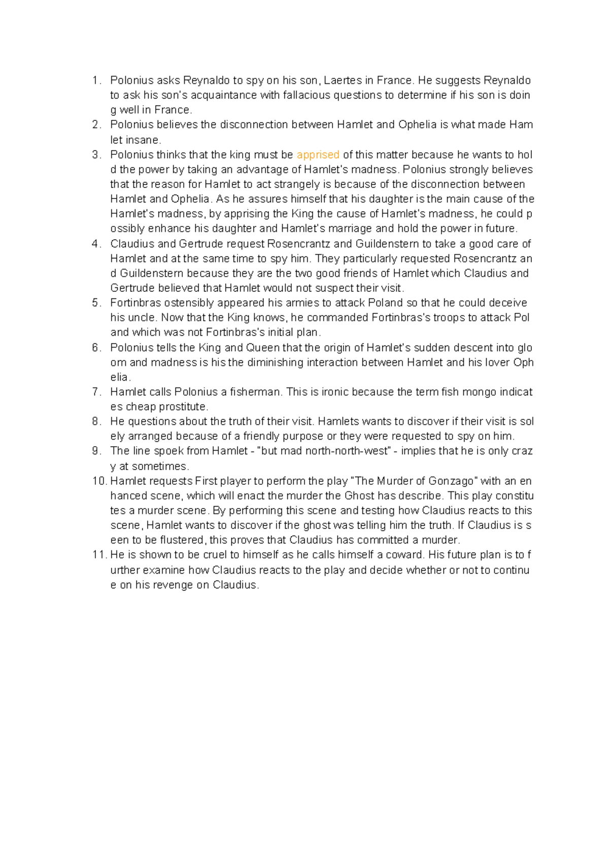 Hamlet act 2 - Summary Literature and Culture - Polonius asks Reynaldo ...