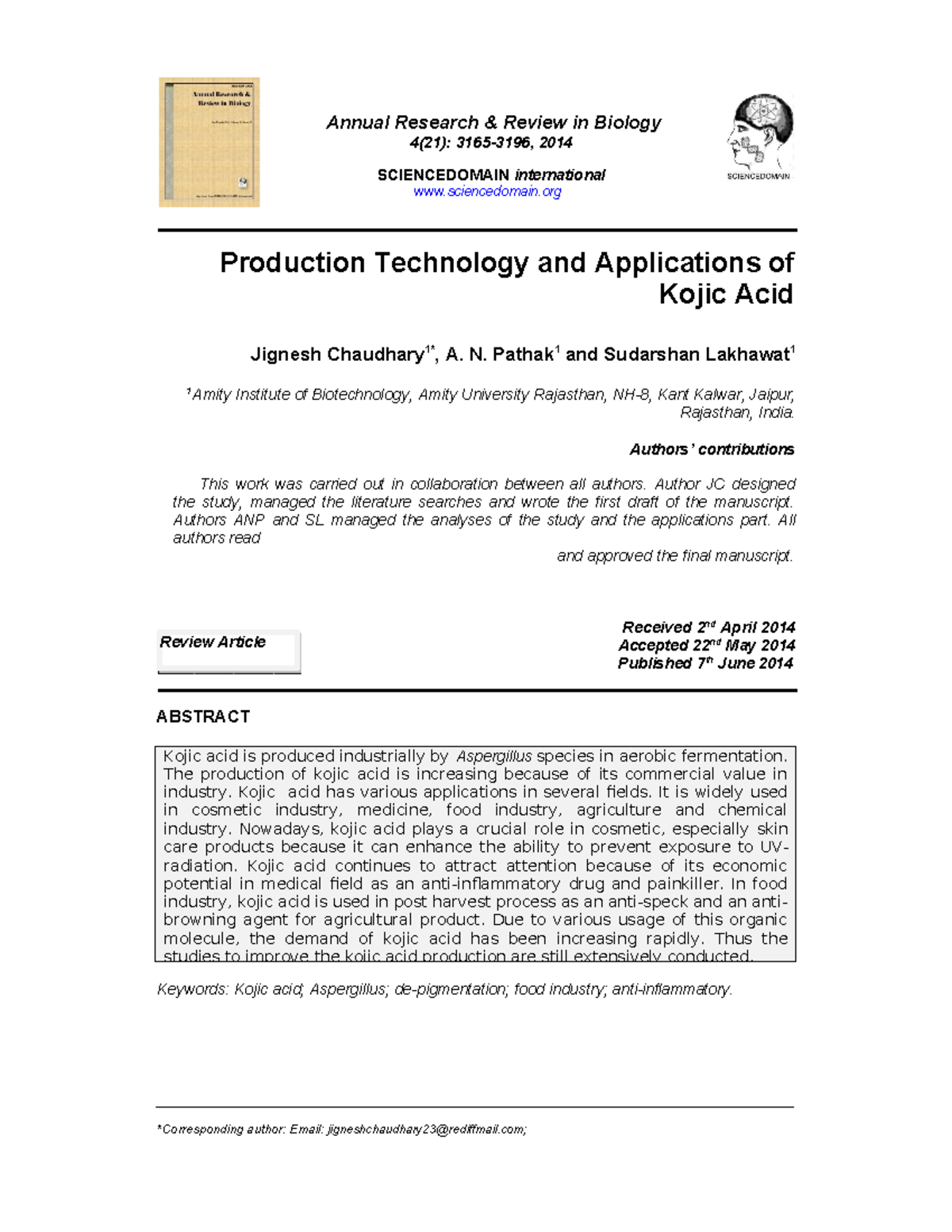 Literatures - methodology - Kojic acid is produced industrially by ...