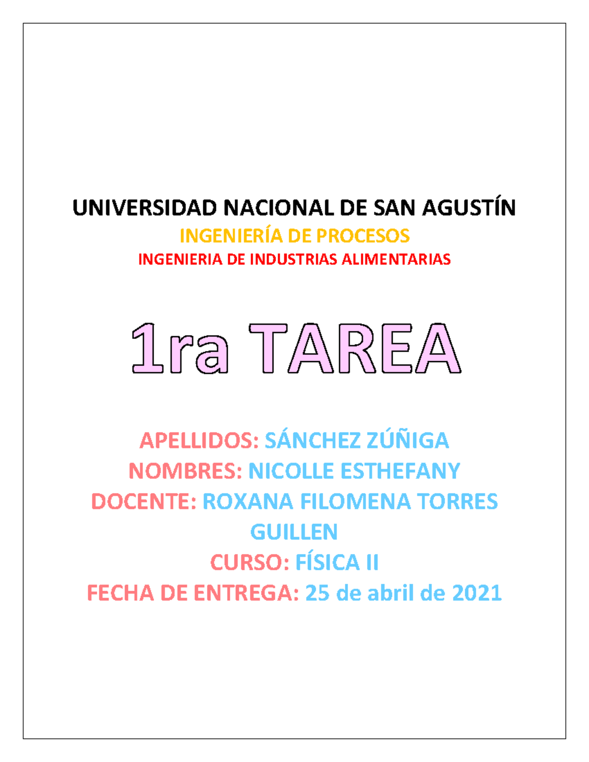 Tarea F Sica Universidad Nacional De San Agust N Ingenier A De