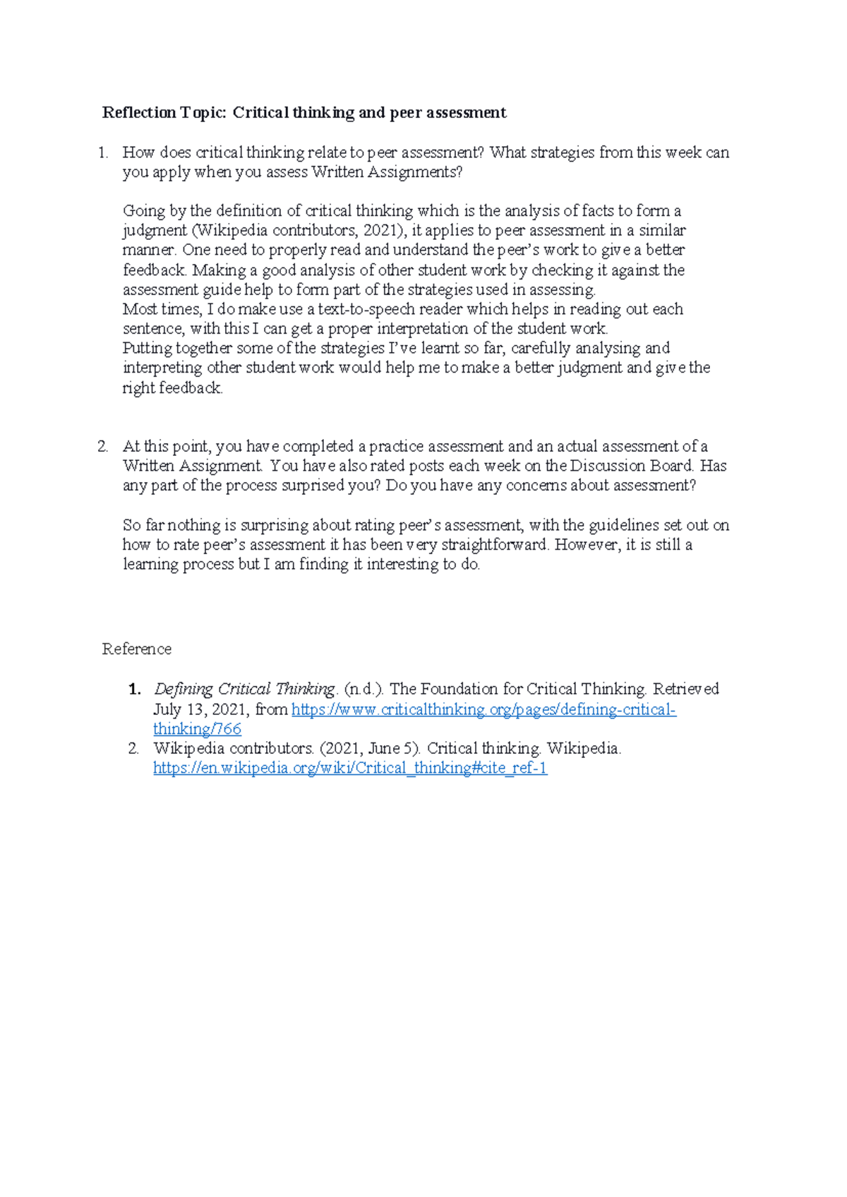 Learning Journal Unit 4 - Reflection Topic: Critical thinking and peer ...