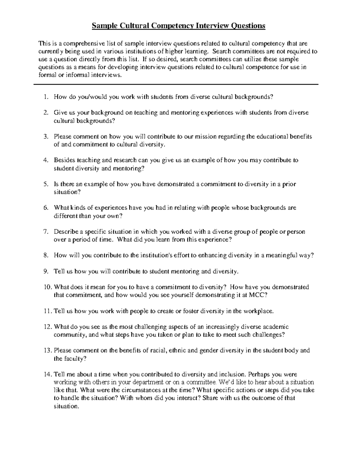 Sample Cultural Competency Interview Questions Search Committees Are 