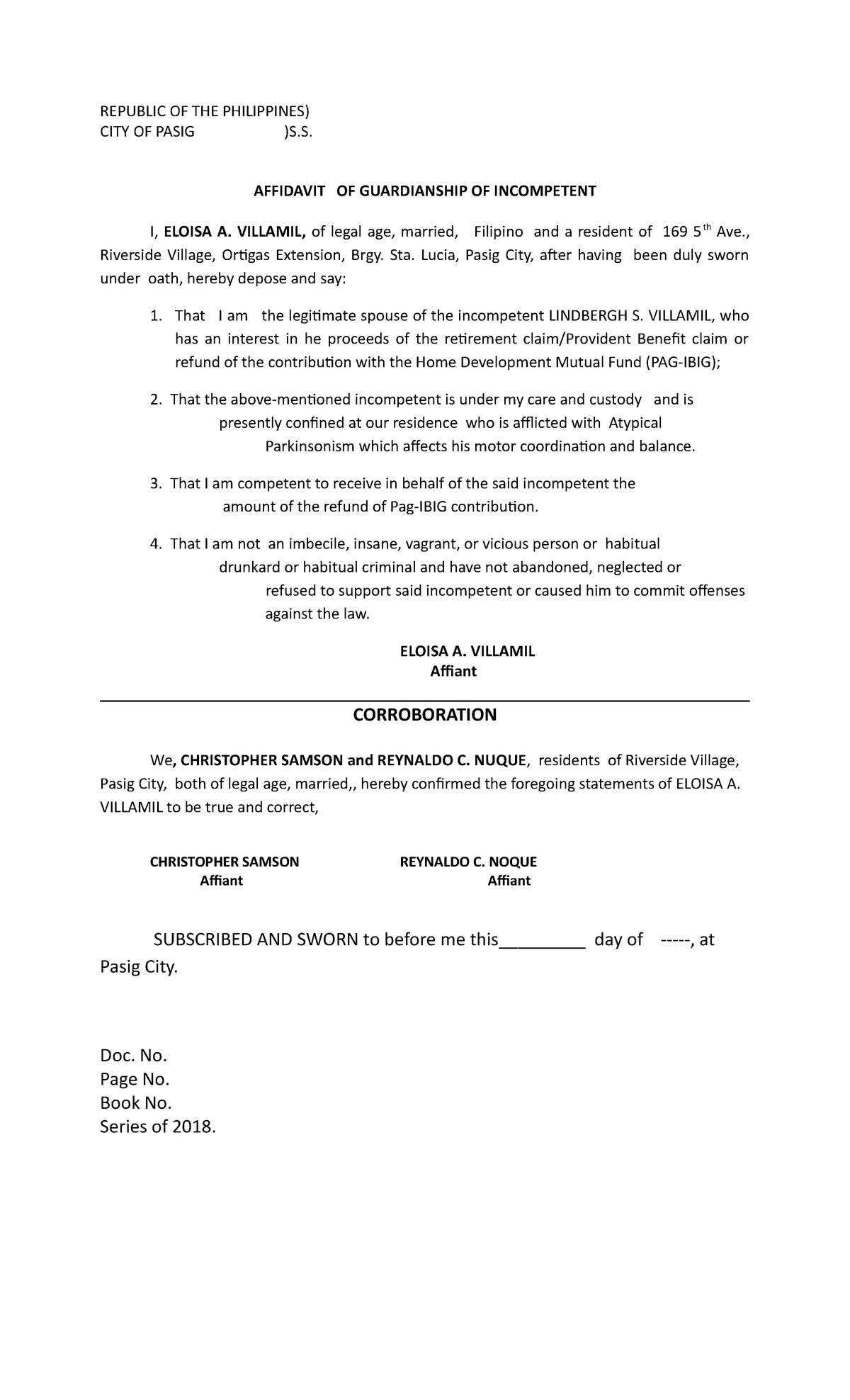 Affidavit OF Guardianship OF Incompetent - REPUBLIC OF THE PHILIPPINES ...