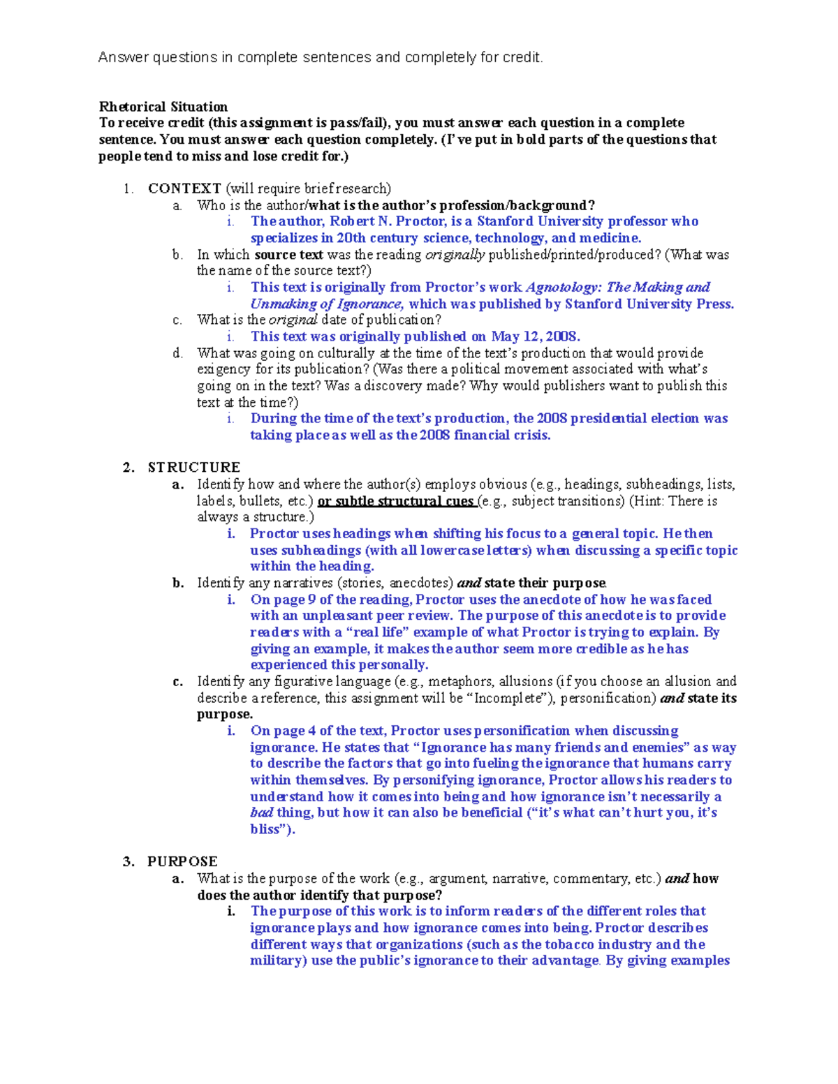 Rhetorical Writing Response; Robert N. Proctor Answer questions in