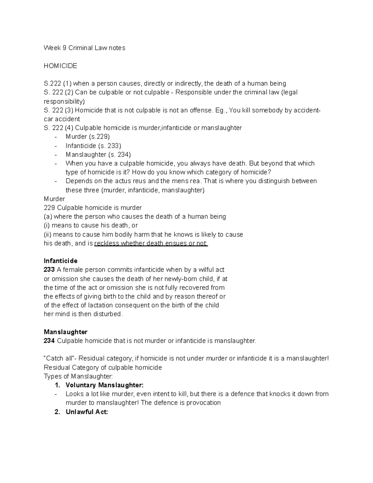 Week 9 Criminal Law notes - Week 9 Criminal Law notes HOMICIDE S (1 ...