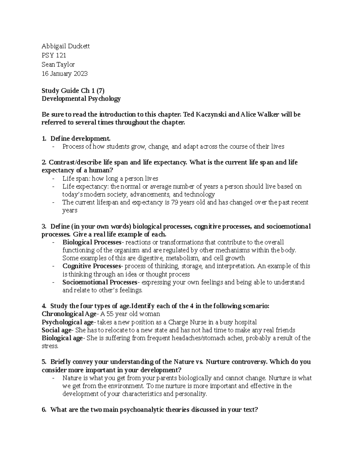 Chapter 1 Study Guide - Developmental Psych notes - Abbigail Duckett PSY  121 Sean Taylor 16 January - Studocu