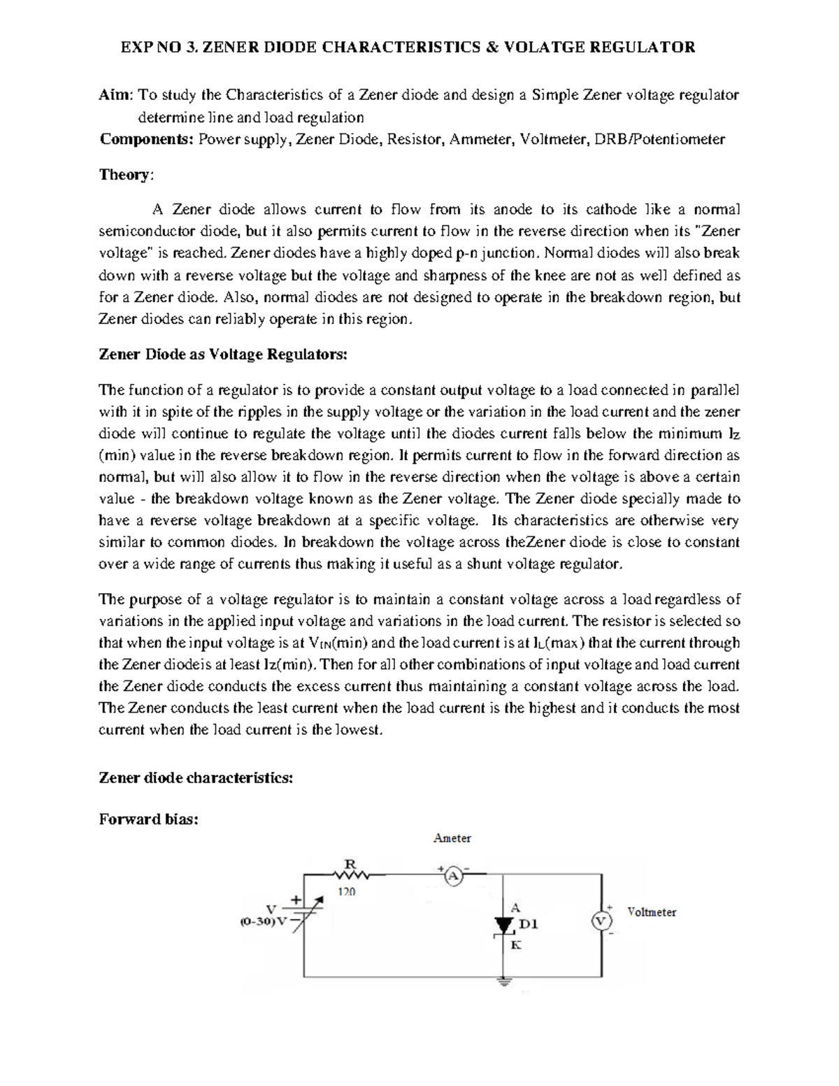 Experiment No 3 Zener Diode - Exp No 3. Zener Diode Characteristics 