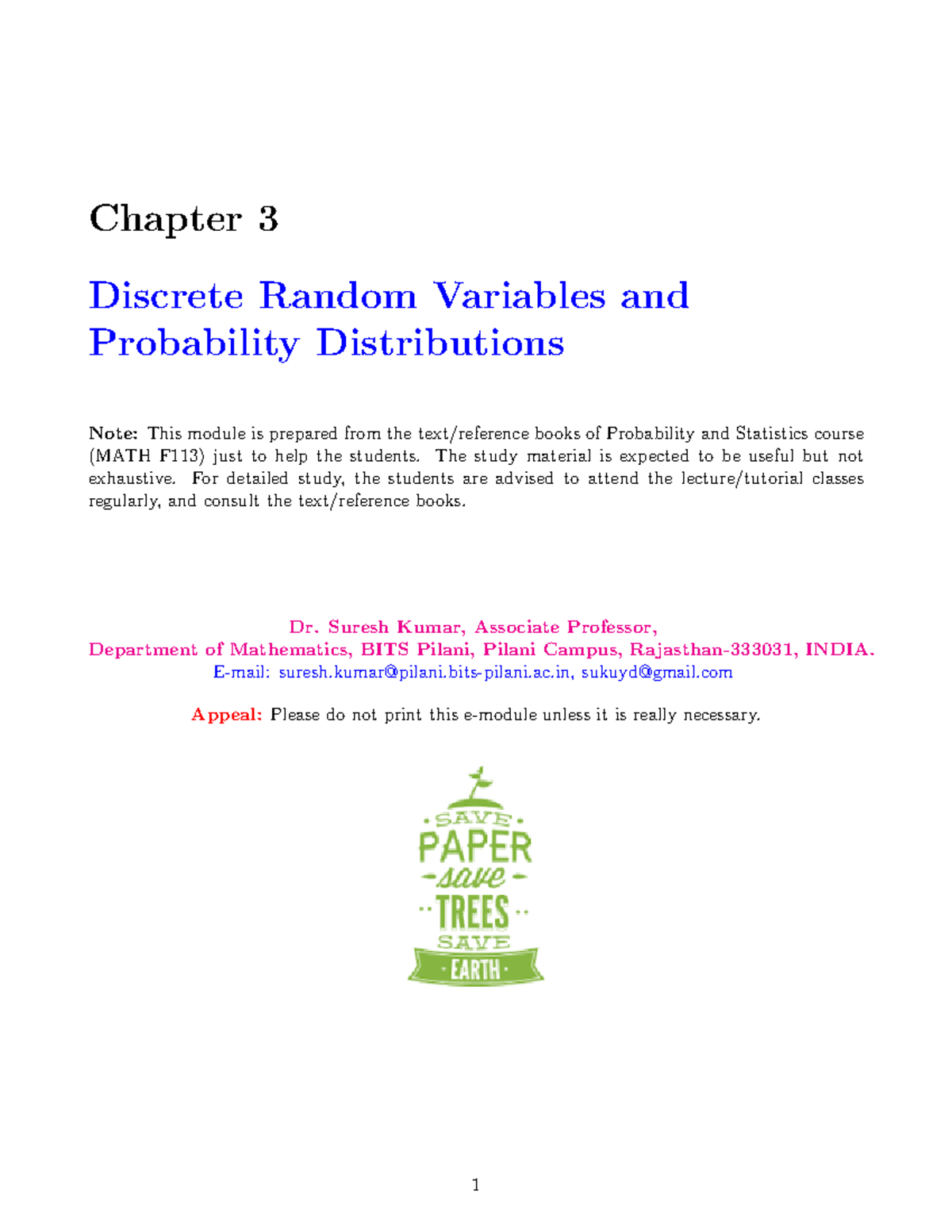 Chapter-3 - Suresh Sir' Notes - Chapter 3 Discrete Random Variables And ...