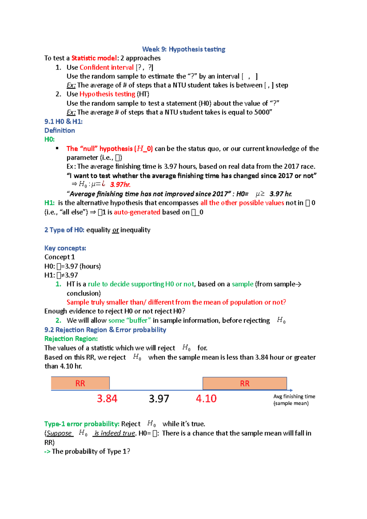 Statistic quiz 3 revision - Week 9: Hypothesis testing To test a ...