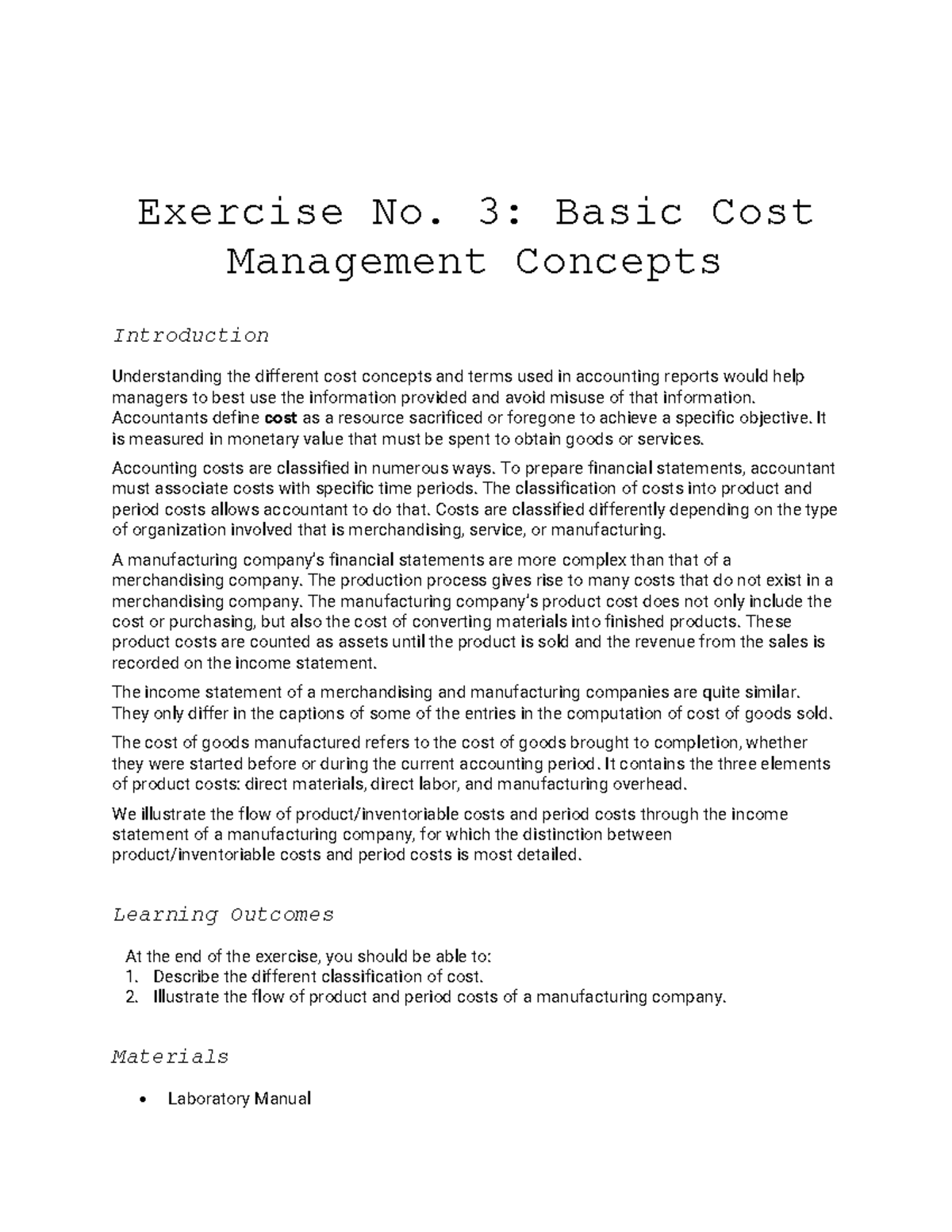 Lab Exercise 3 - Exercise No. 3: Basic Cost Management Concepts ...