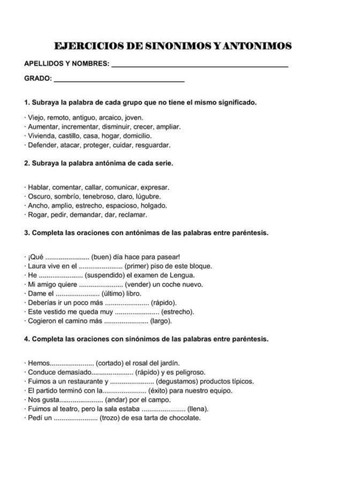 Sinonimos y antonimos - PRACTICA - EJERCICIOS DE SINONIMOS Y ANTONIMOS ...