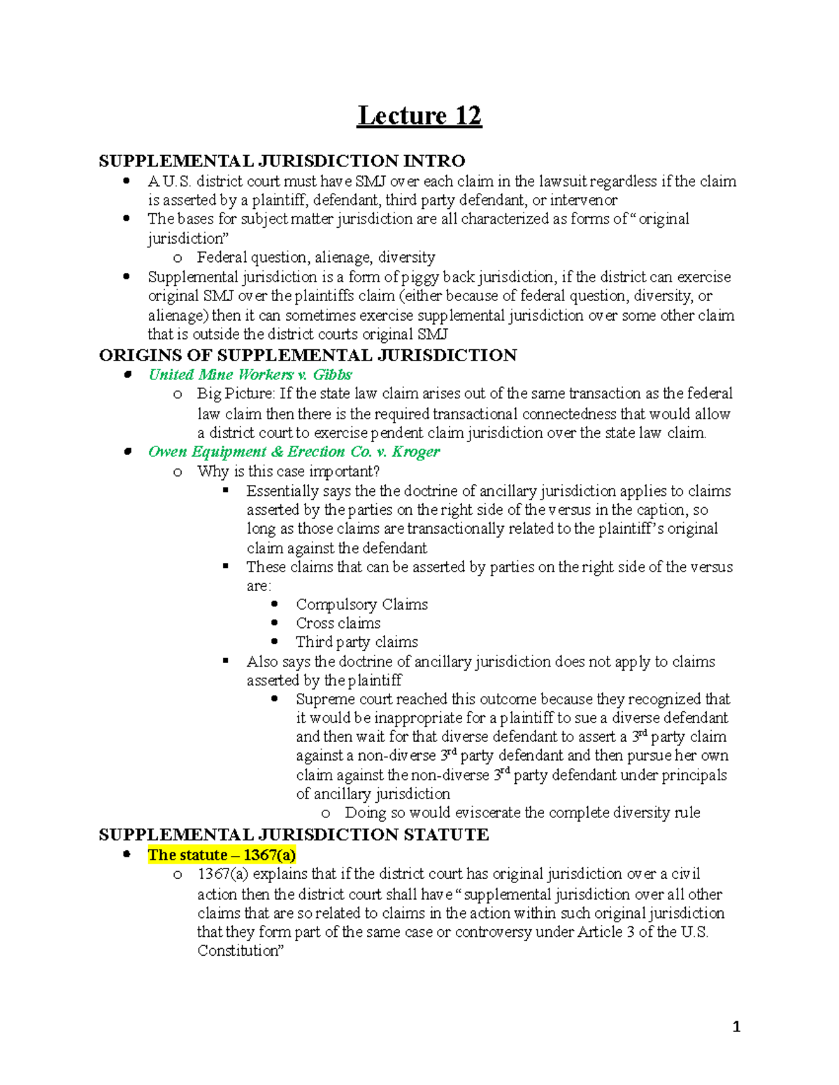 Civ Pro II Outline Lecture notes 1225 Lecture 12 SUPPLEMENTAL