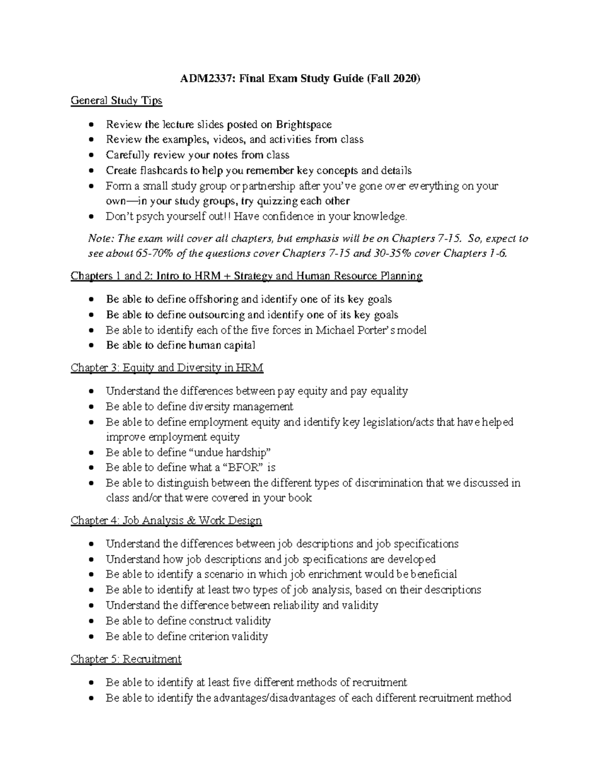ADM2337 - Final Study Guide (Fall 2020) - ADM2337: Final Exam Study ...
