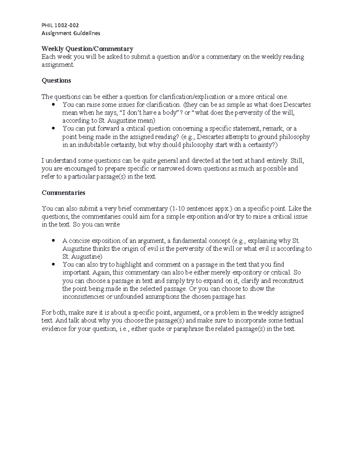 Weekly Question Commentary Guidelines - PHIL 1002- Assignment ...
