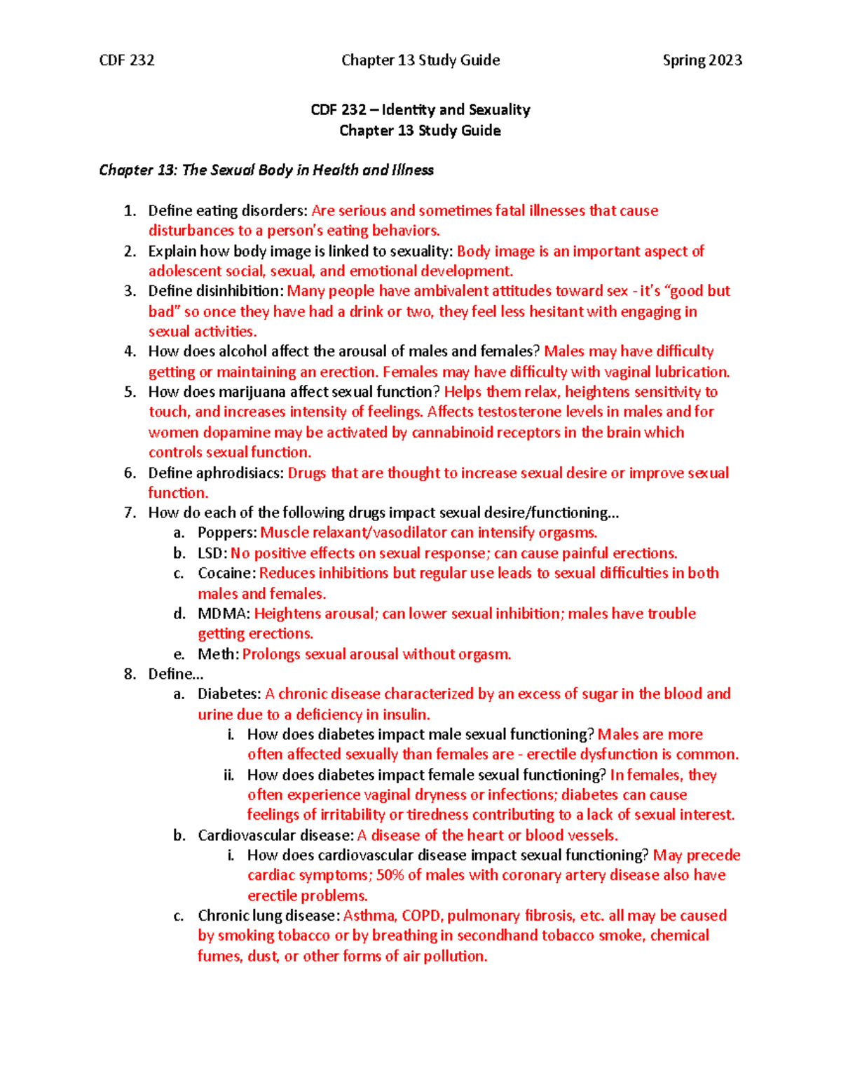 Chapter 13 Study Guide - CDF 232 Chapter 13 Study Guide Spring 2023 CDF ...