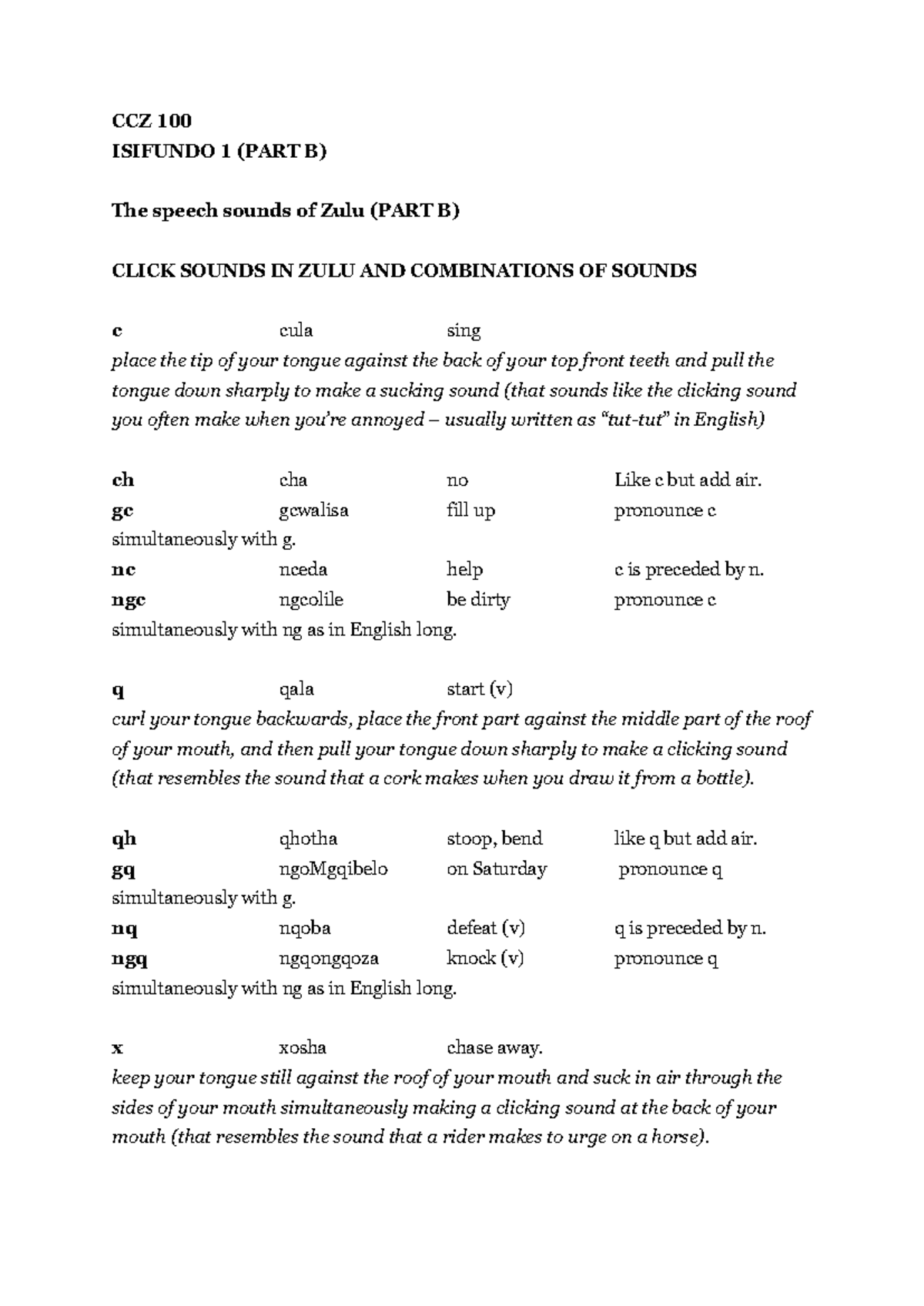 3 CCZ 100 Isifundo 1(B) - CCZ 100 ISIFUNDO 1 (PART B) The speech sounds ...