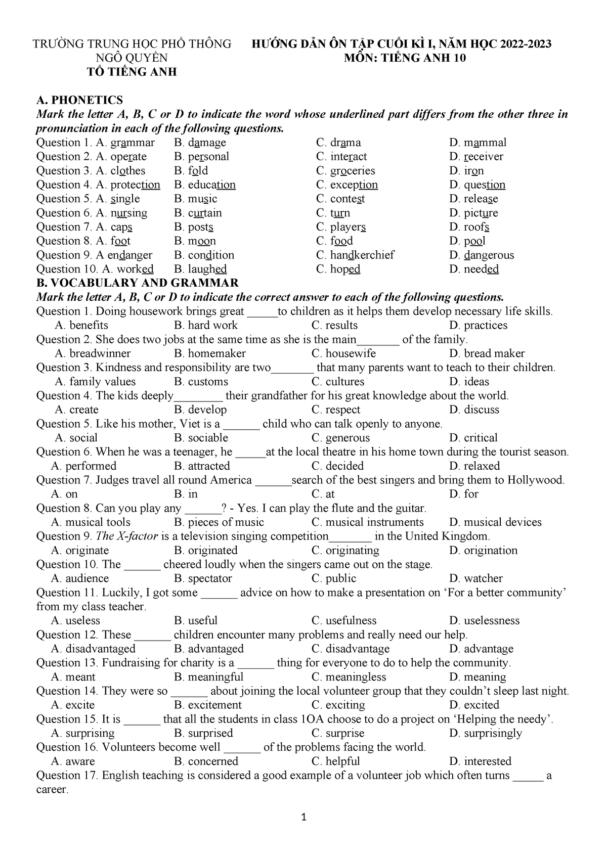 E10 - Revision FOR THE First TERM TEST 2022-2023 - TRƯỜNG TRUNG HỌC PHỔ ...