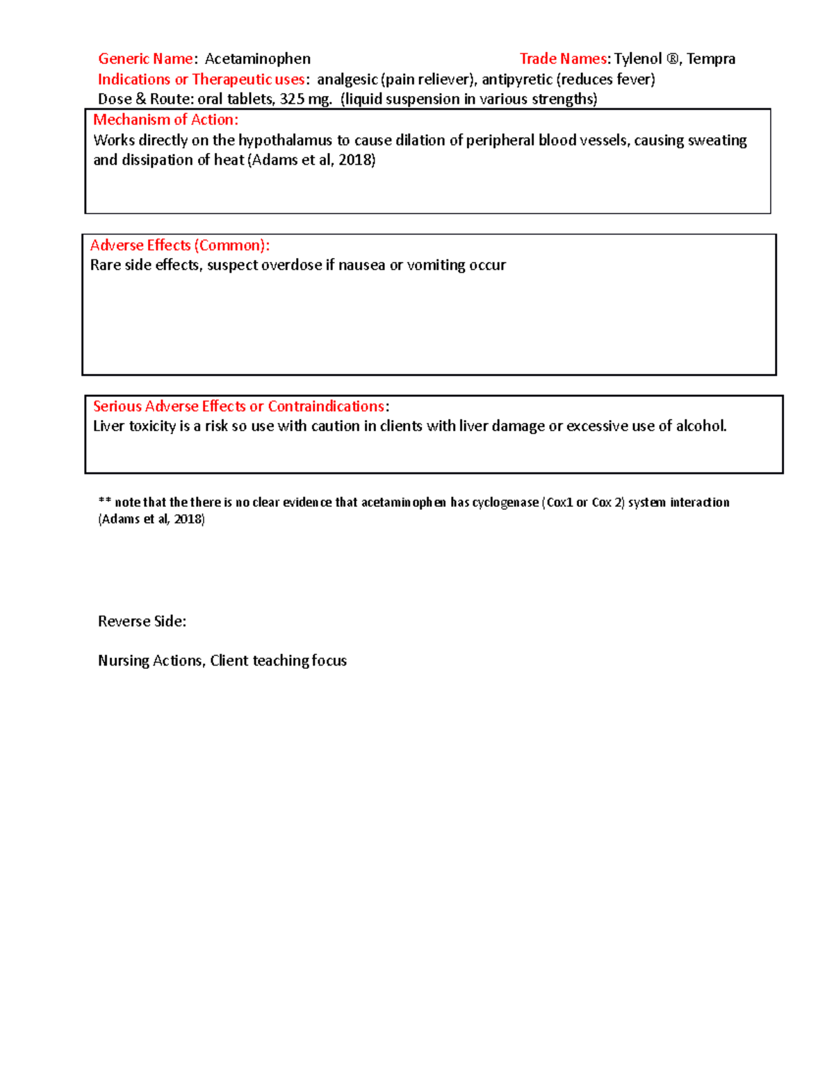 Sample Drug Card Generic Name Acetaminophen Trade Names Tylenol