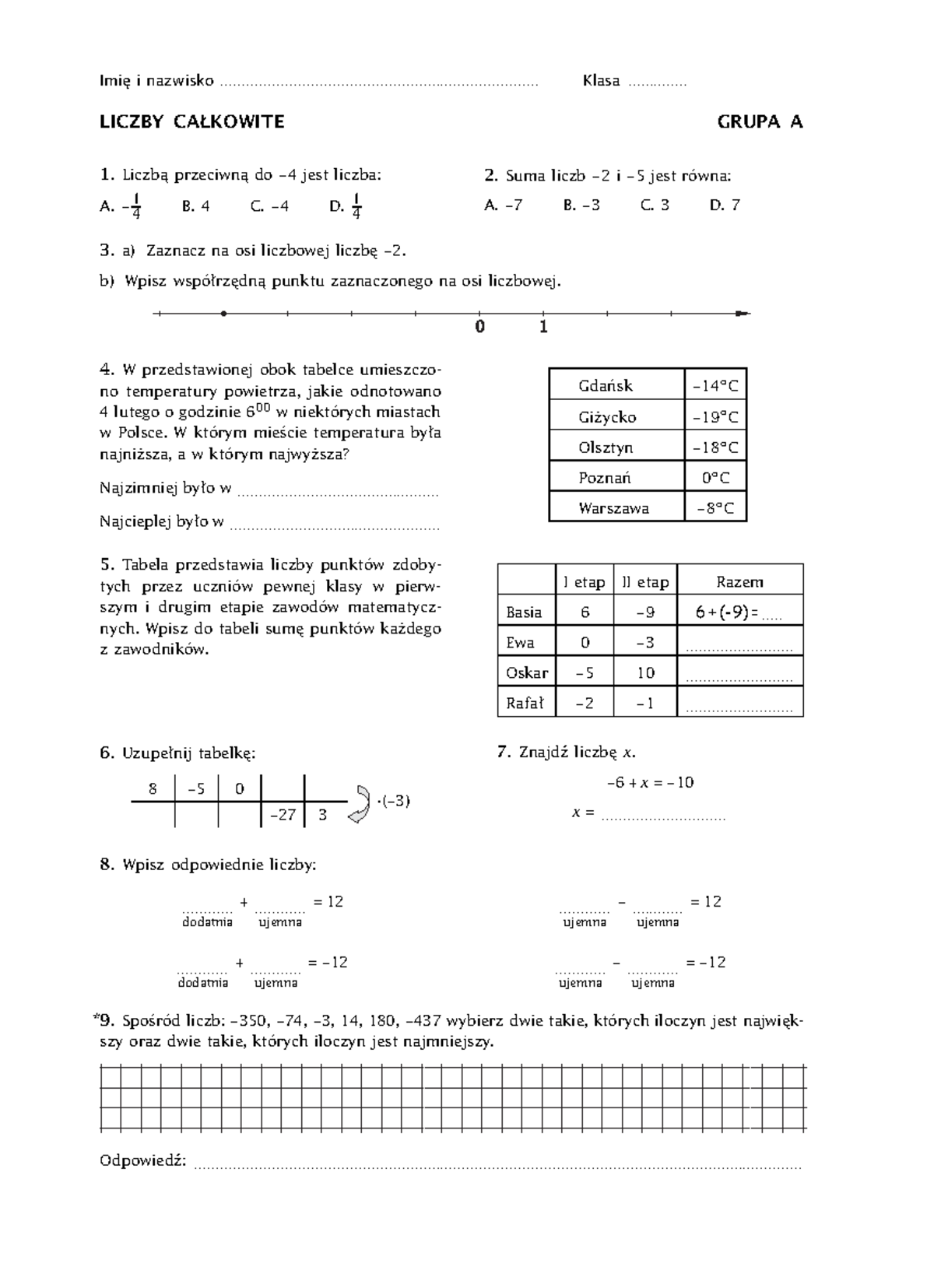 Liczby-calkowite-pdf - LICZBY CAŁKOWITE GRUPA A 1. Liczbą przeciwną do