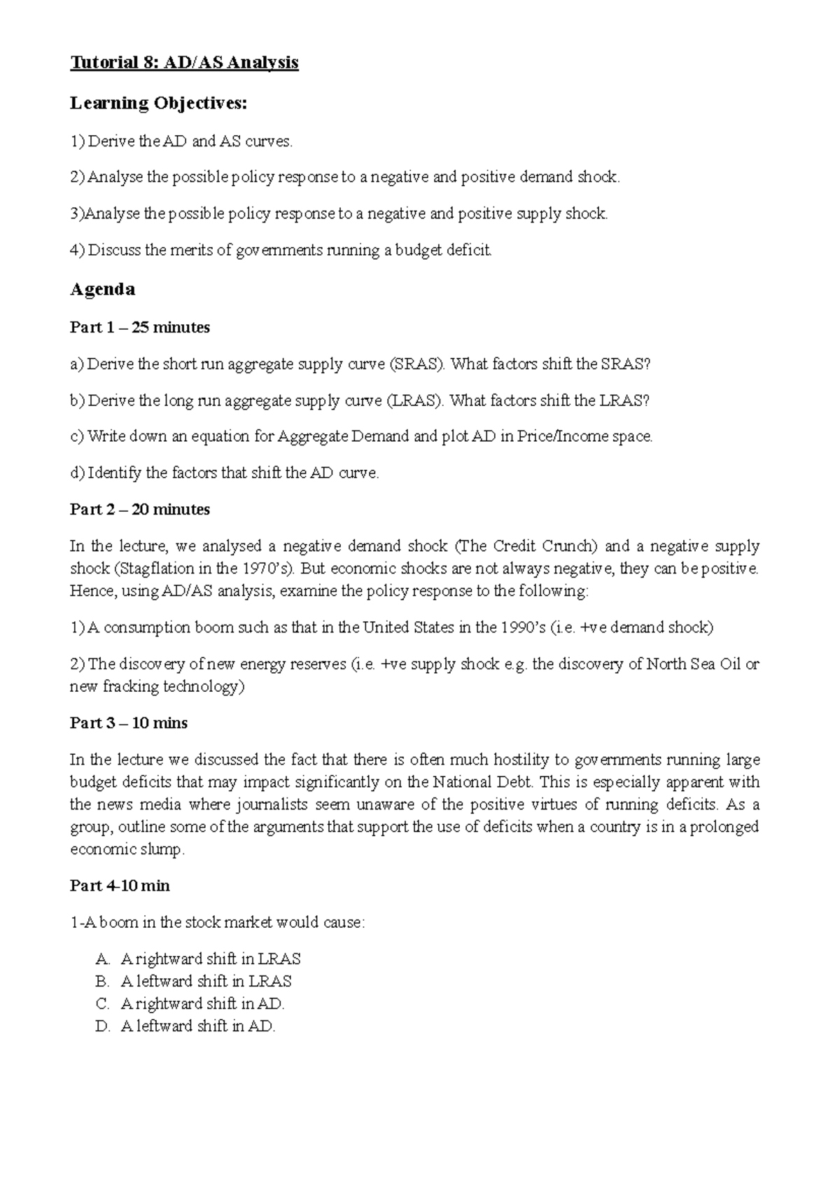 Macro Tutorial 8 - Tutorial 8: AD/AS Analysis Learning Objectives ...