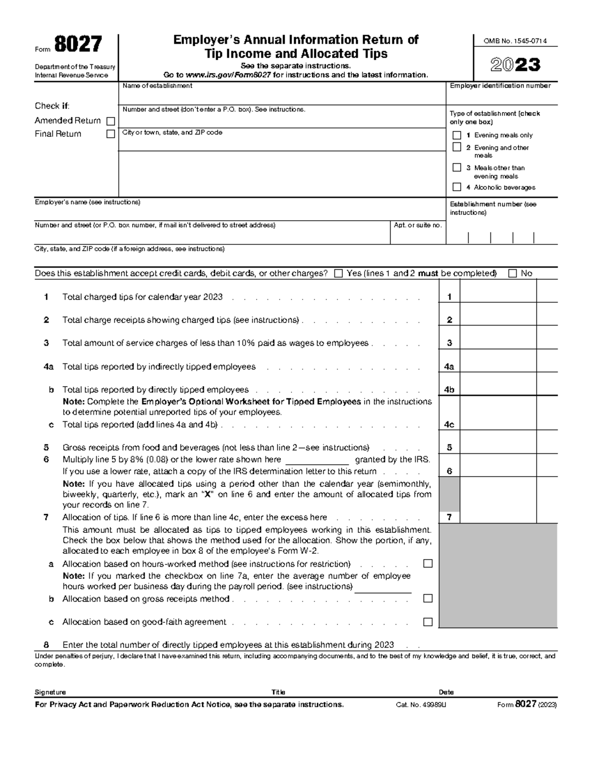 F8027 - Form 8027 2023 Employer’s Annual Information Return of Tip ...