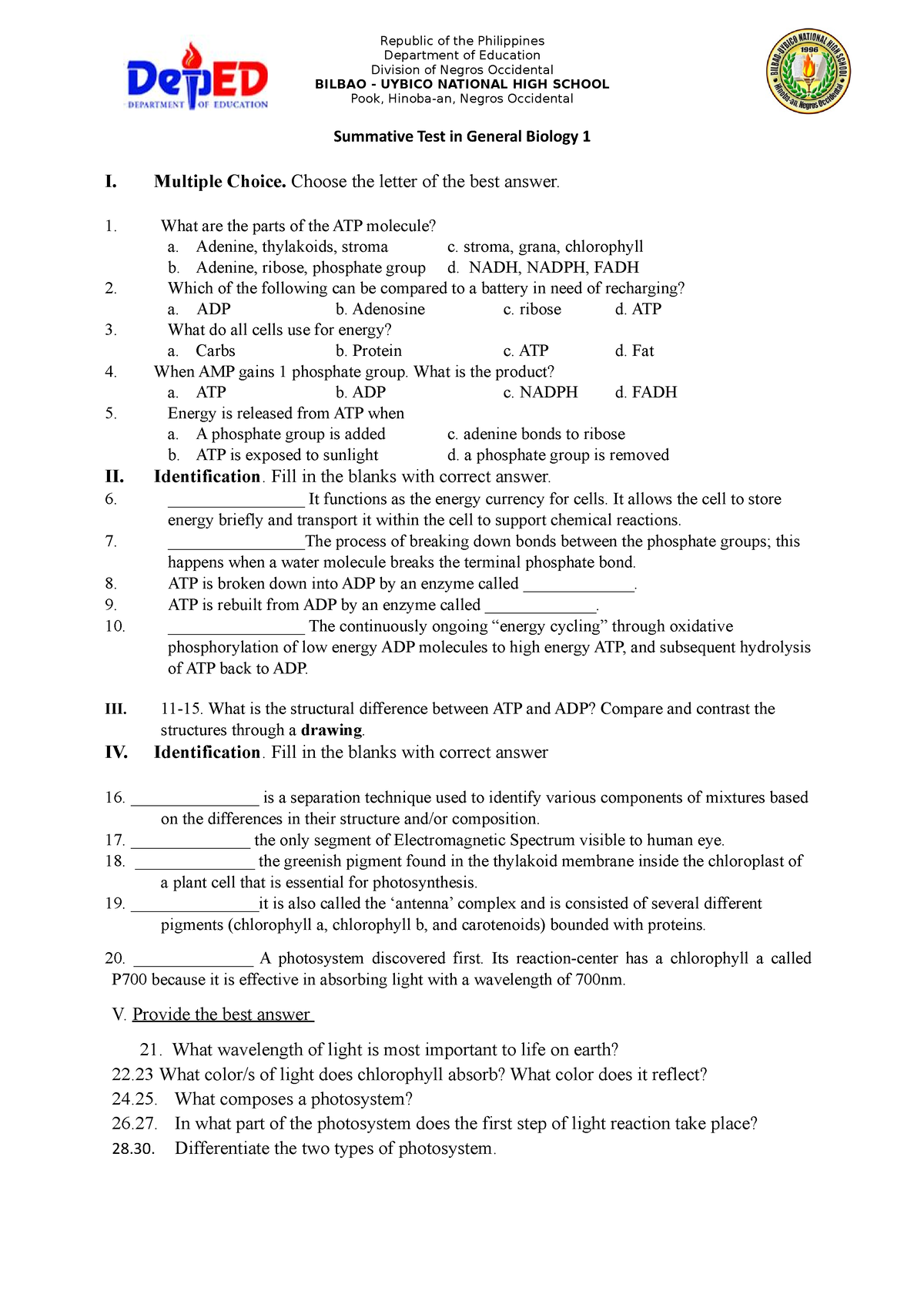 1st Summative Test (2nd Quater) - Republic Of The Philippines ...