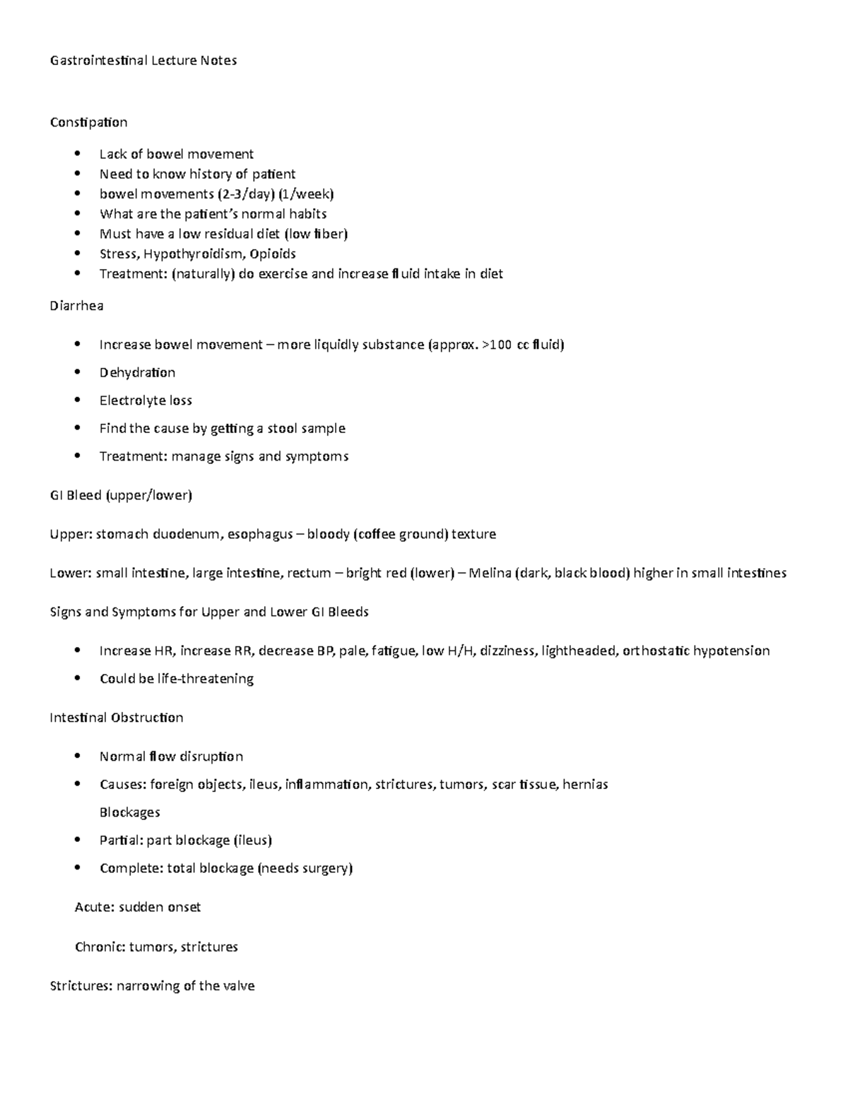 GI notes - none - Gastrointestinal Lecture Notes Constipation Lack of ...