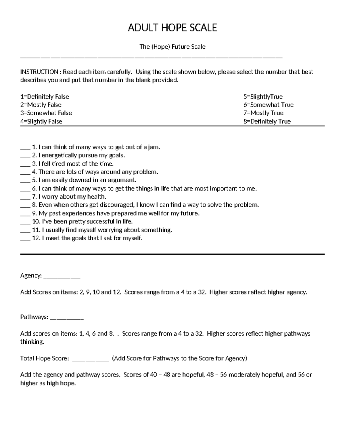 The Adult Hope Scale questionnaire - ADULT HOPE SCALE The (Hope) Future ...