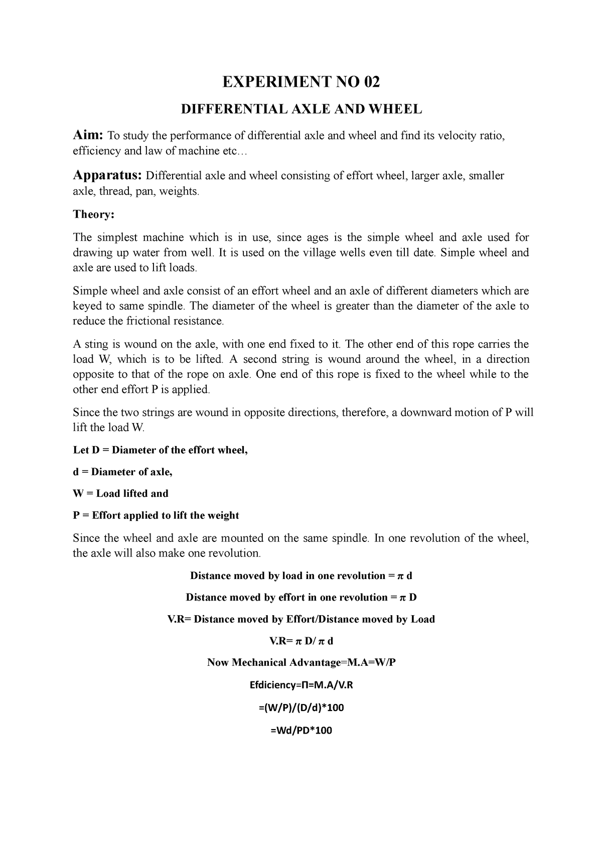 wheel and differential axle experiment lab report