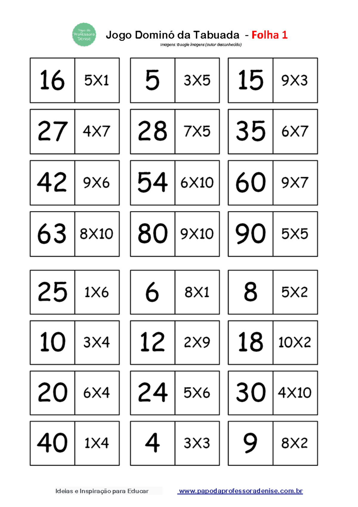 jogo de dominó tabuadas - Matemática