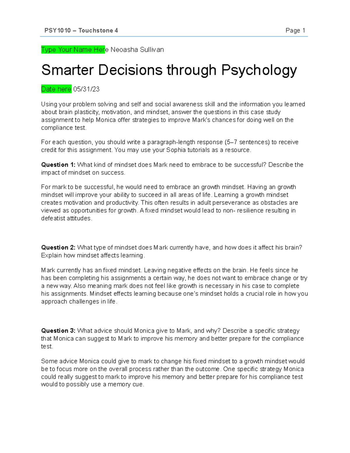 PSY1010 Case Study 3 Template - Type Your Name Here Neoasha Sullivan ...