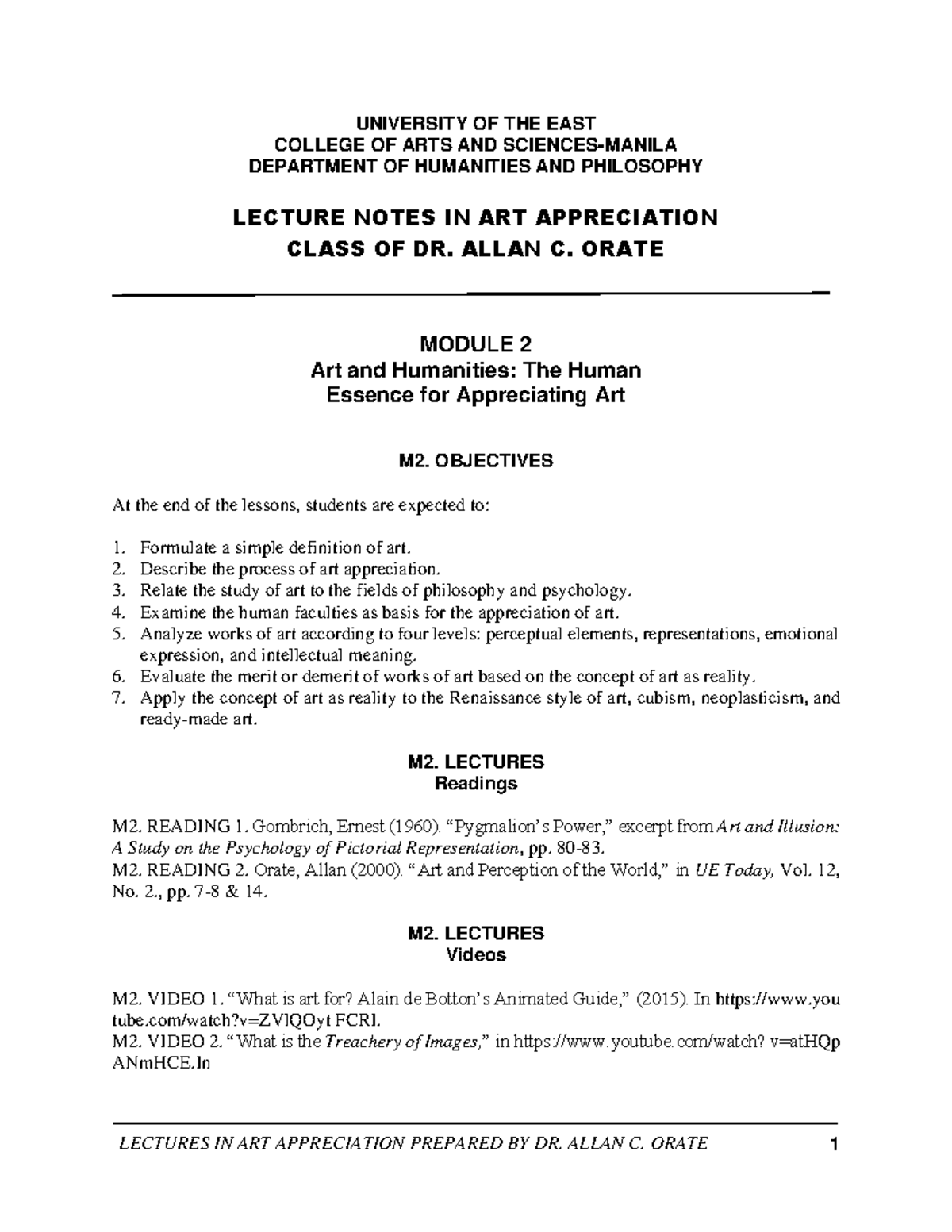 M2. Lecture Notes 1-3-1 - LECTURES IN ART APPRECIATION PREPARED BY DR ...