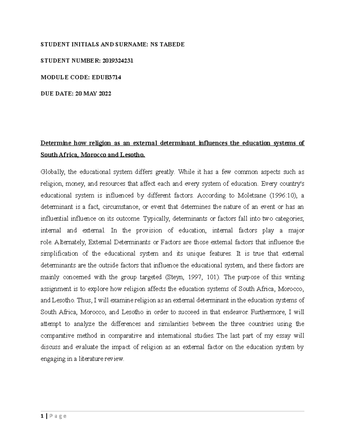 Tabede NS 2019 324231 EDUB3714 Indivisual Assignment 2022 - STUDENT ...
