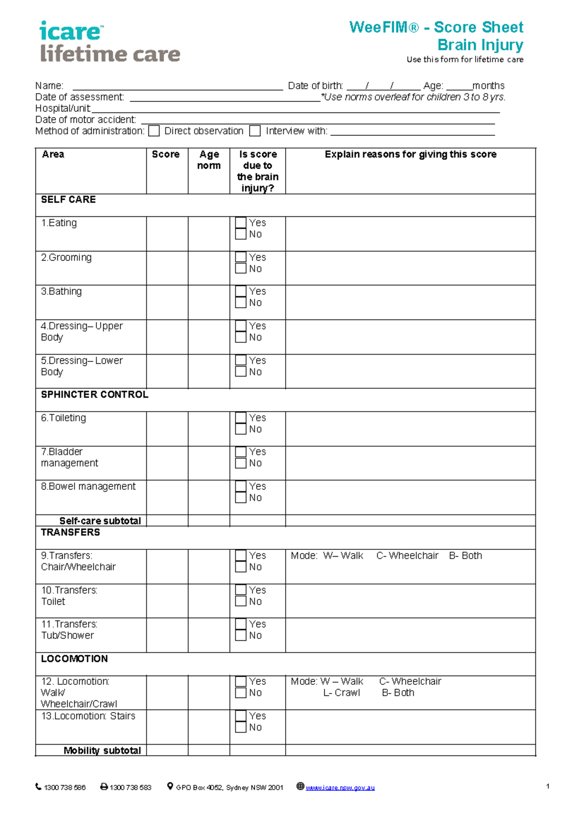 Wee FIM score sheet brain injury - Use this form for lifetime care ...